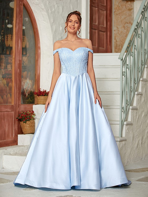 Robe de bal en satin avec perles, épaules dénudées, sans manches, traîne courte