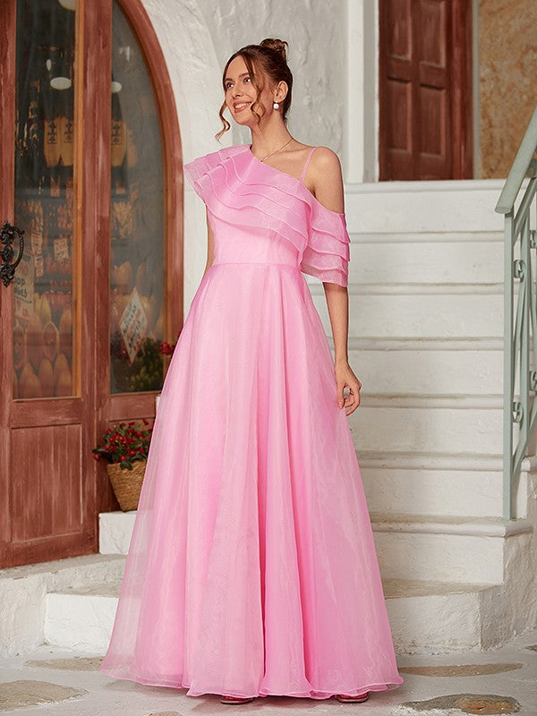 Robe trapèze/princesse à volants en organza, asymétrique, sans manches, longueur au sol