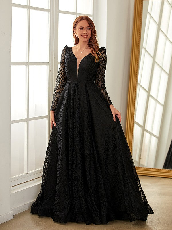 A-Line/Princess Lace Ruffles V-neck Long Sleeves Sweep/Brush Train Dresses
