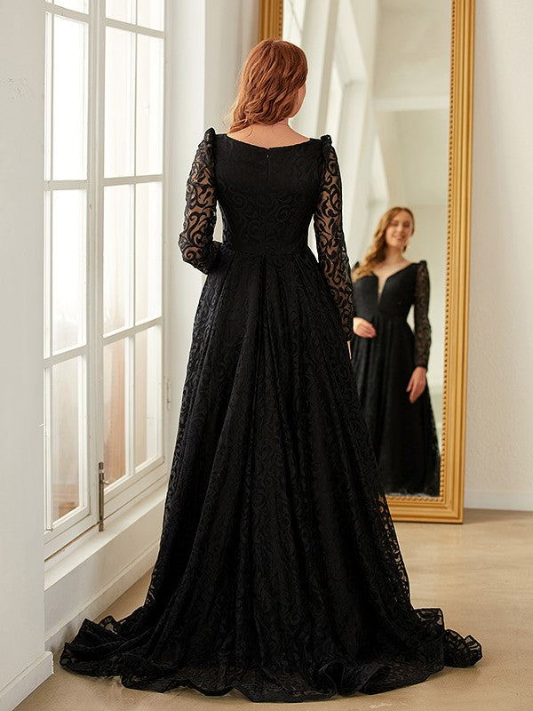 A-Line/Princess Lace Ruffles V-neck Long Sleeves Sweep/Brush Train Dresses