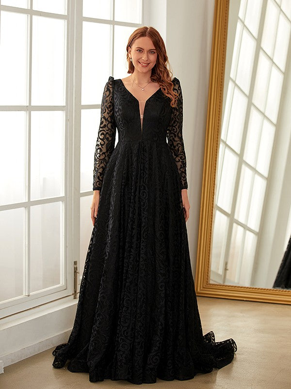 A-Line/Princess Lace Ruffles V-neck Long Sleeves Sweep/Brush Train Dresses