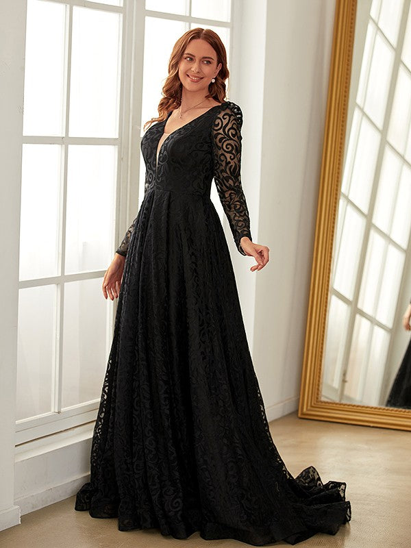 A-Line/Princess Lace Ruffles V-neck Long Sleeves Sweep/Brush Train Dresses