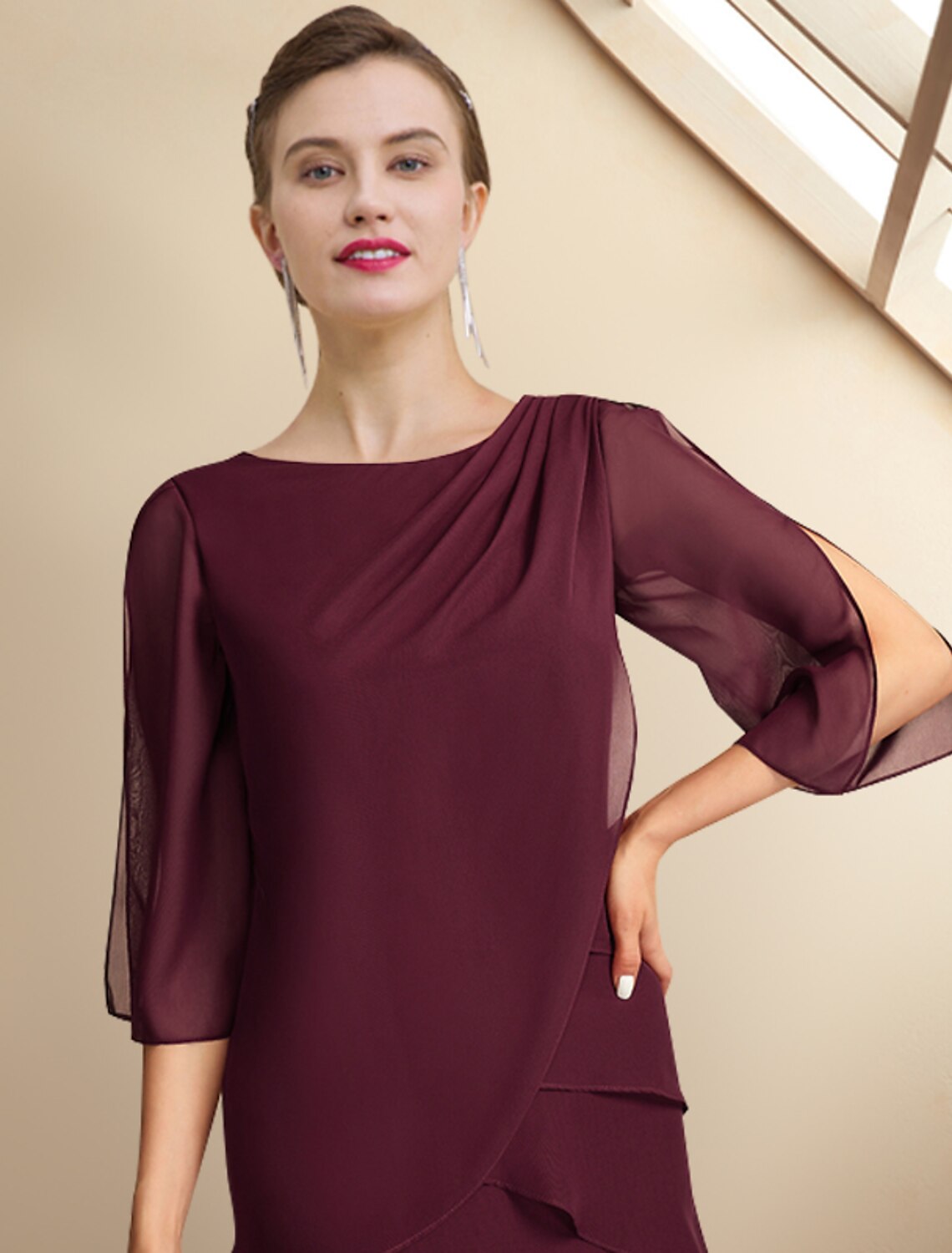 A-Linie Kleid für die Mutter der Braut, Hochzeitsgast, Übergröße, elegant, Rundhalsausschnitt, knöchellang, Chiffon, halbe Ärmel mit Rüschen, seitlich drapiert, Herbst