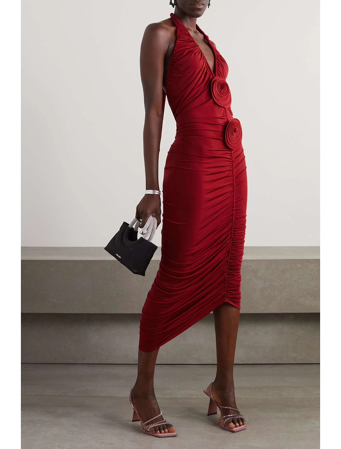 Etuikleid/Säulenkleid, glitzerndes Abendkleid, formelles Geburtstagskleid, knielang, ärmellos, Neckholder, Herbst, Hochzeitsgast, Stretchstoff, rückenfrei mit gerüschten Applikationen