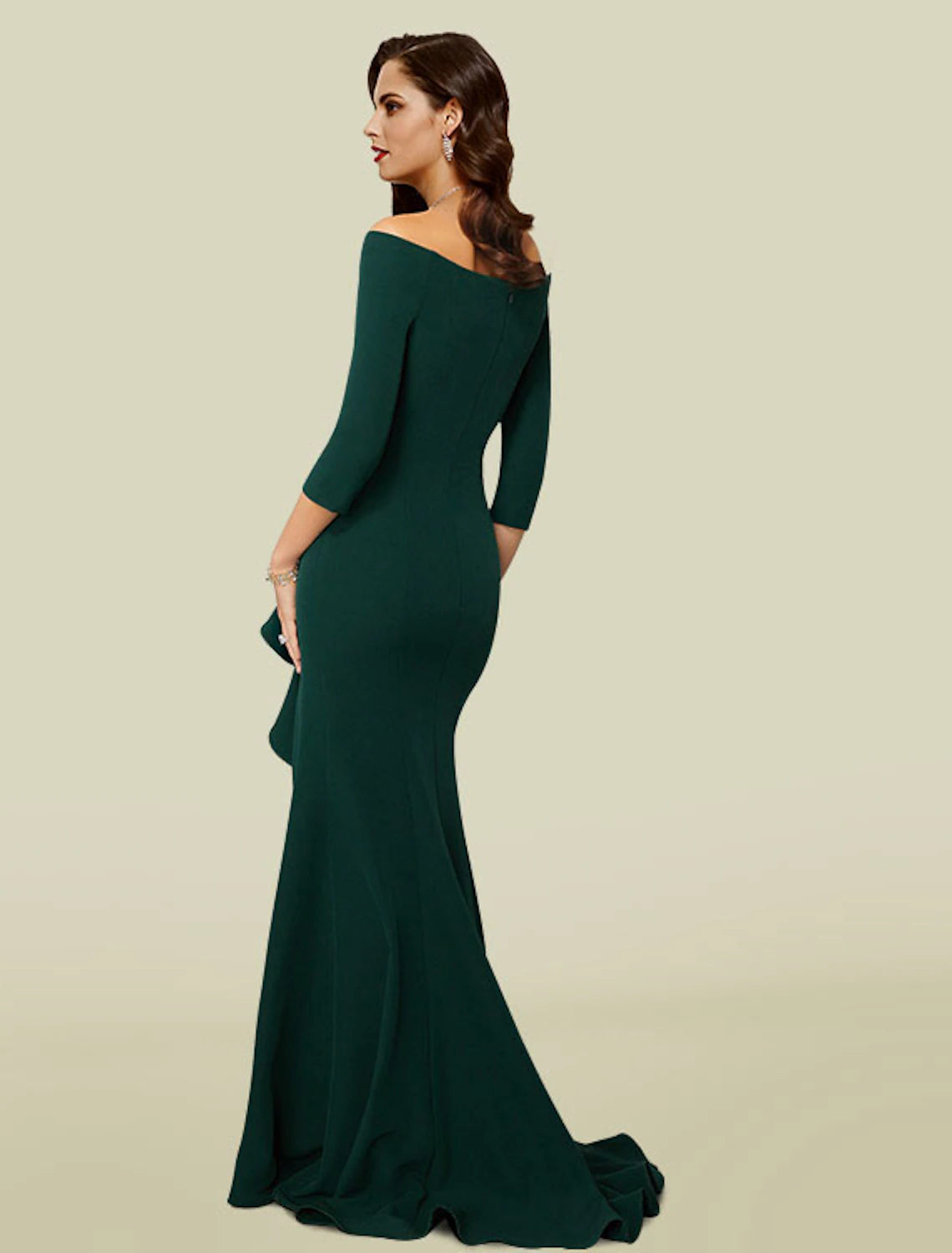 Meerjungfrau/Trompete Kleid für die Brautmutter, Hochzeitsgast, elegant, sexy, schulterfrei, V-Ausschnitt, Hofschleppe, Stretch-Stoff, 3/4-Ärmel mit drapierter, geschlitzter Vorderseite