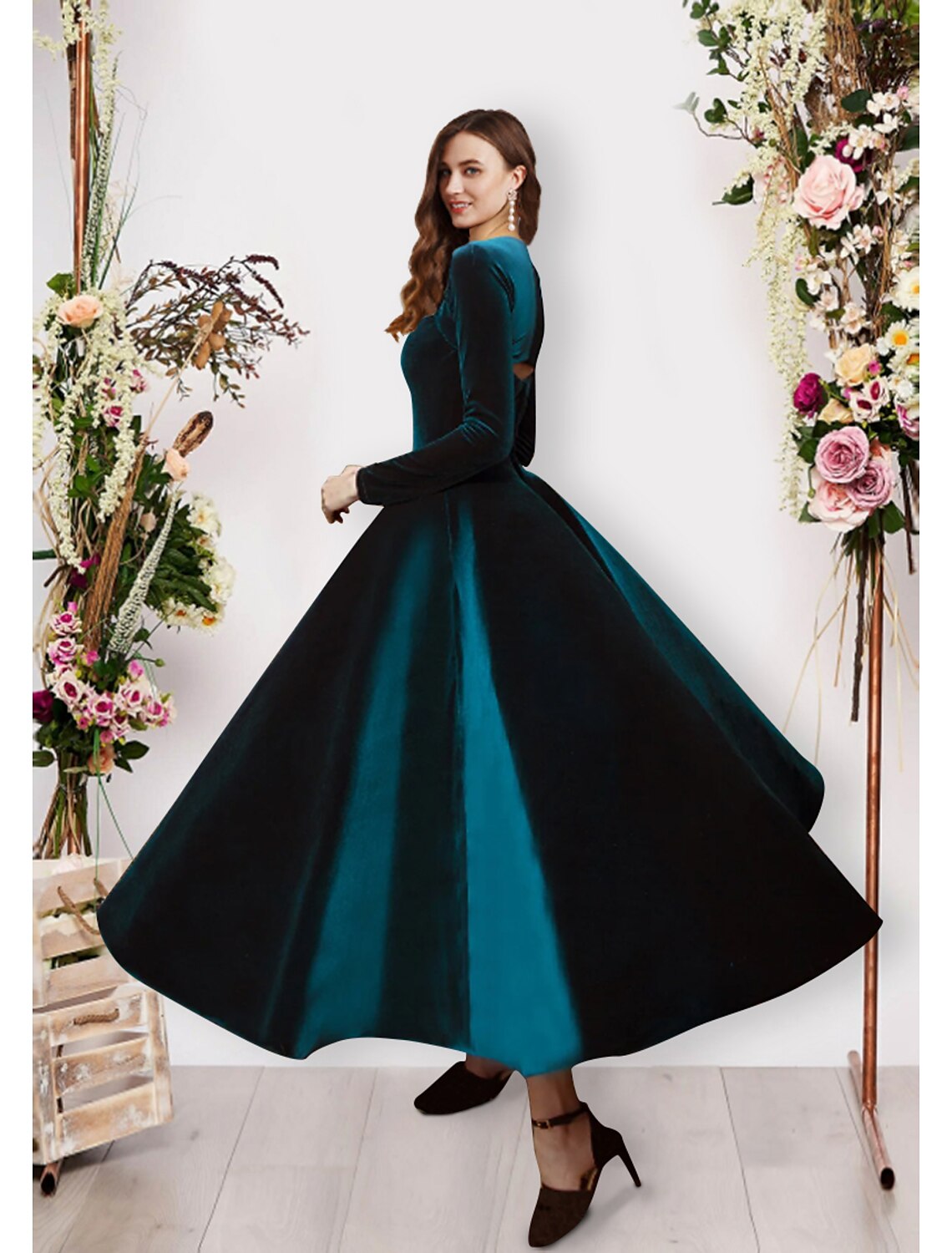 Robe de soirée vintage en velours, longueur cheville, manches longues, col carré, couleur unie