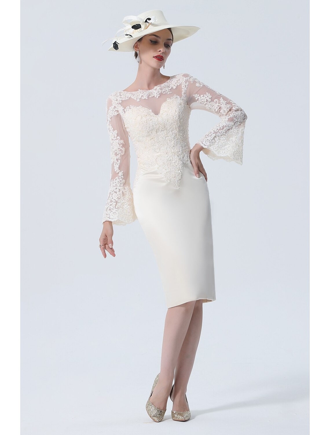 Etuikleid/Säulenkleid für die Brautmutter, Vintage, Übergröße, elegant, Rundhalsausschnitt, knielang, Satin, Spitze, lange Ärmel mit Spitze