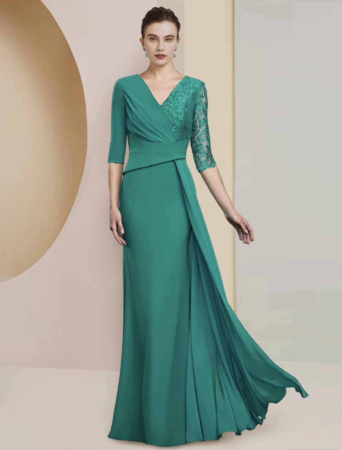 Etuikleid/Säulenkleid für die Brautmutter, formelle Hochzeitsgastparty, elegant, V-Ausschnitt, bodenlang, Chiffon, Spitze, halbe Ärmel mit Rüschen