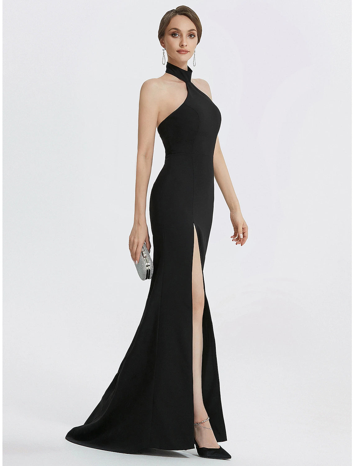 Etuikleid/Säulenkleid Abendkleid Schwarzes Kleid Hochzeitsgast Ballkleid Bodenlang Ärmellos Neckholder Stretchstoff mit Rüschen