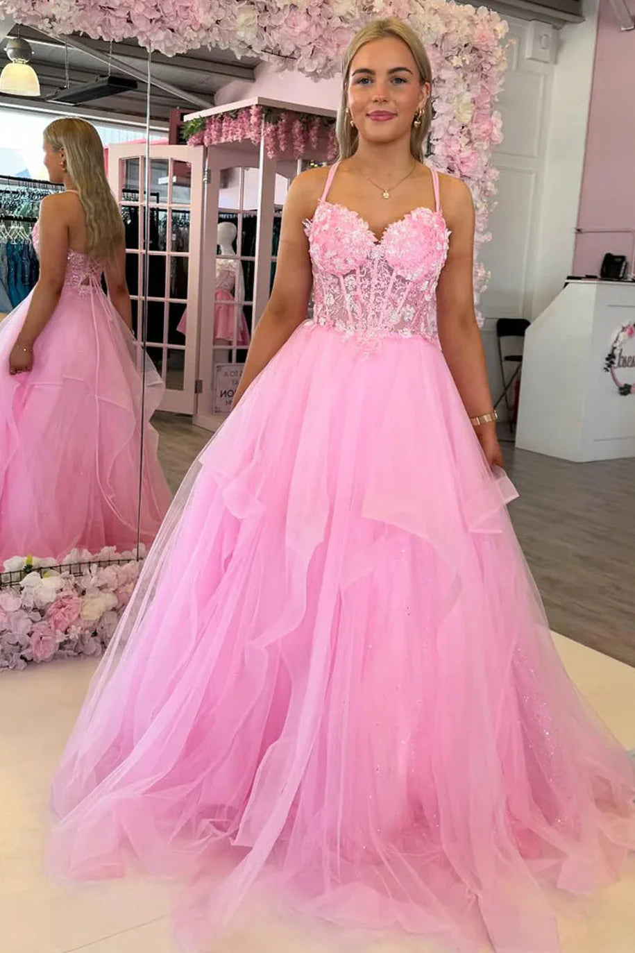 Pink Ball Gown Sweetheart Spaghetti Strap Lace Corset Tiered Prom Dress