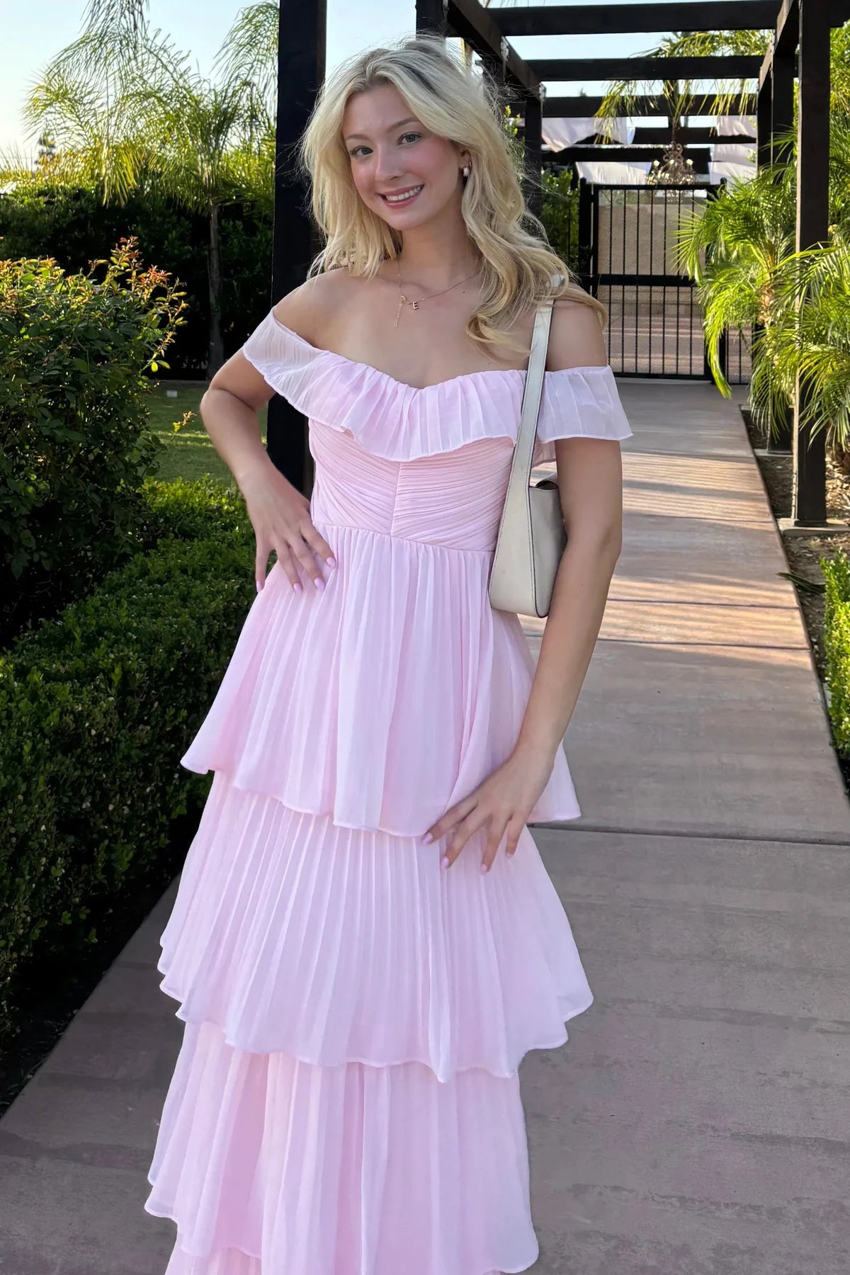 Pink Off-the-Shoulder Tiered Pleated Chiffon Midi Dress