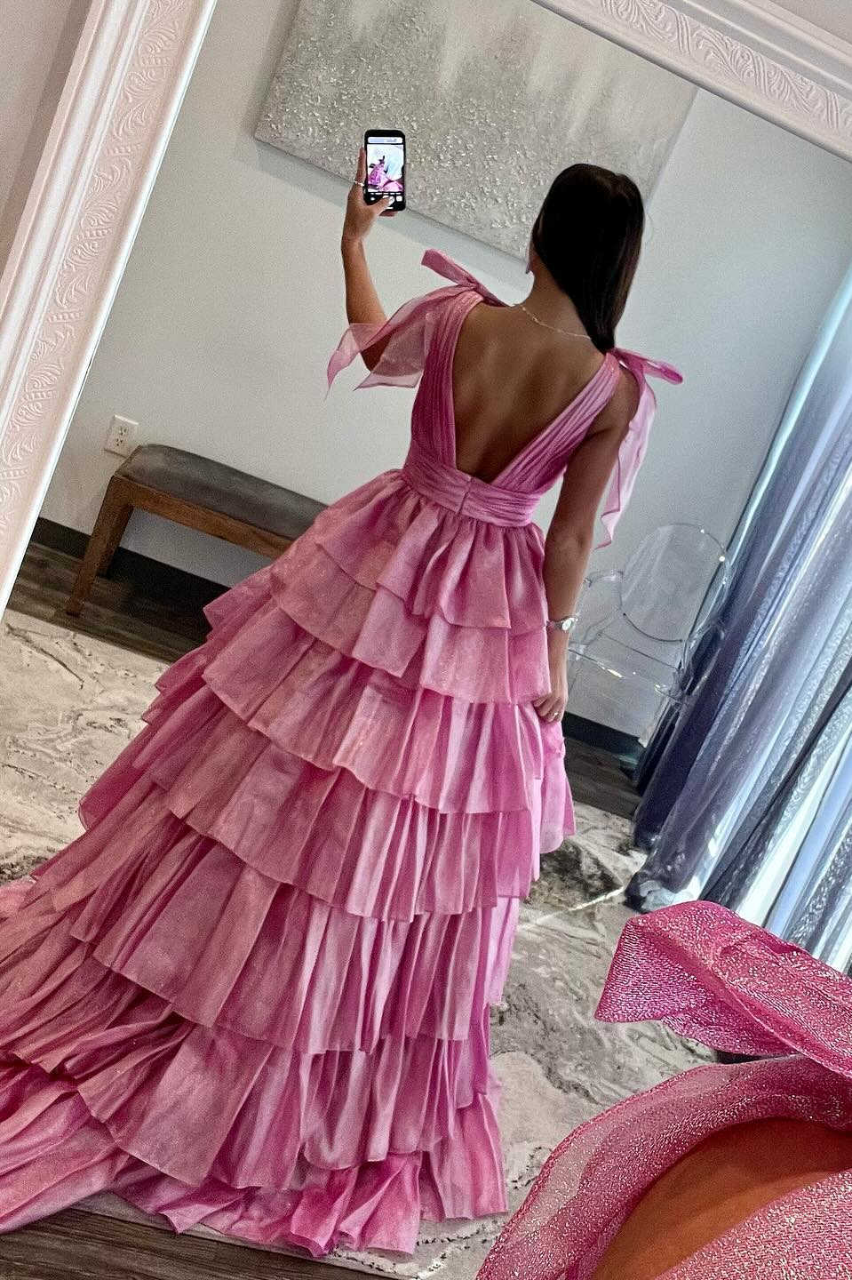 Pink Shimmer Tiered Ruffle Gown with Bow Shoulders and V-Back