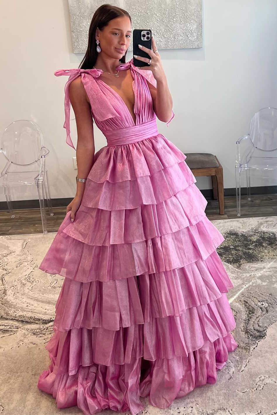 Pink Shimmer Tiered Ruffle Gown with Bow Shoulders and V-Back