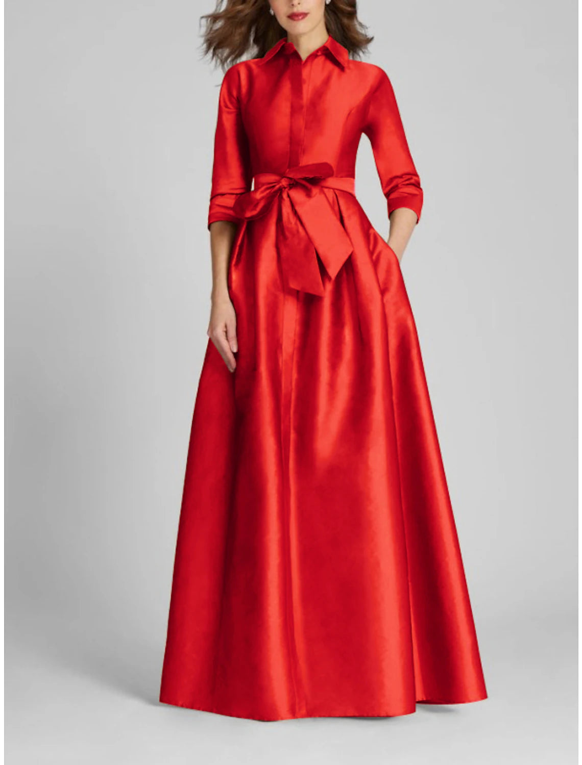 Satin A-Linie Abendkleid Champagner Gold Minimalistisch Schwarz Rot Grün Kleid Formal Herbst Bodenlang Halbarm Hemdkragen mit Schleife(n) Falten