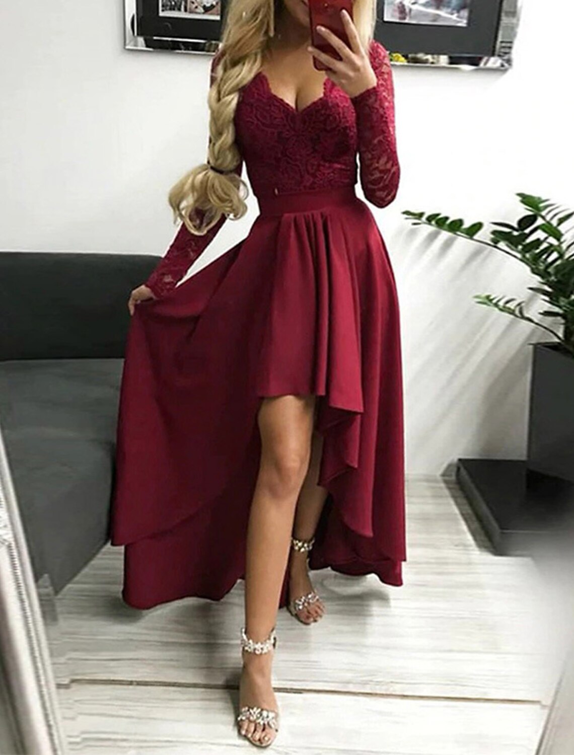 Robe de bal trapèze élégante, asymétrique, manches longues, col en V, en polyester, couleur unie