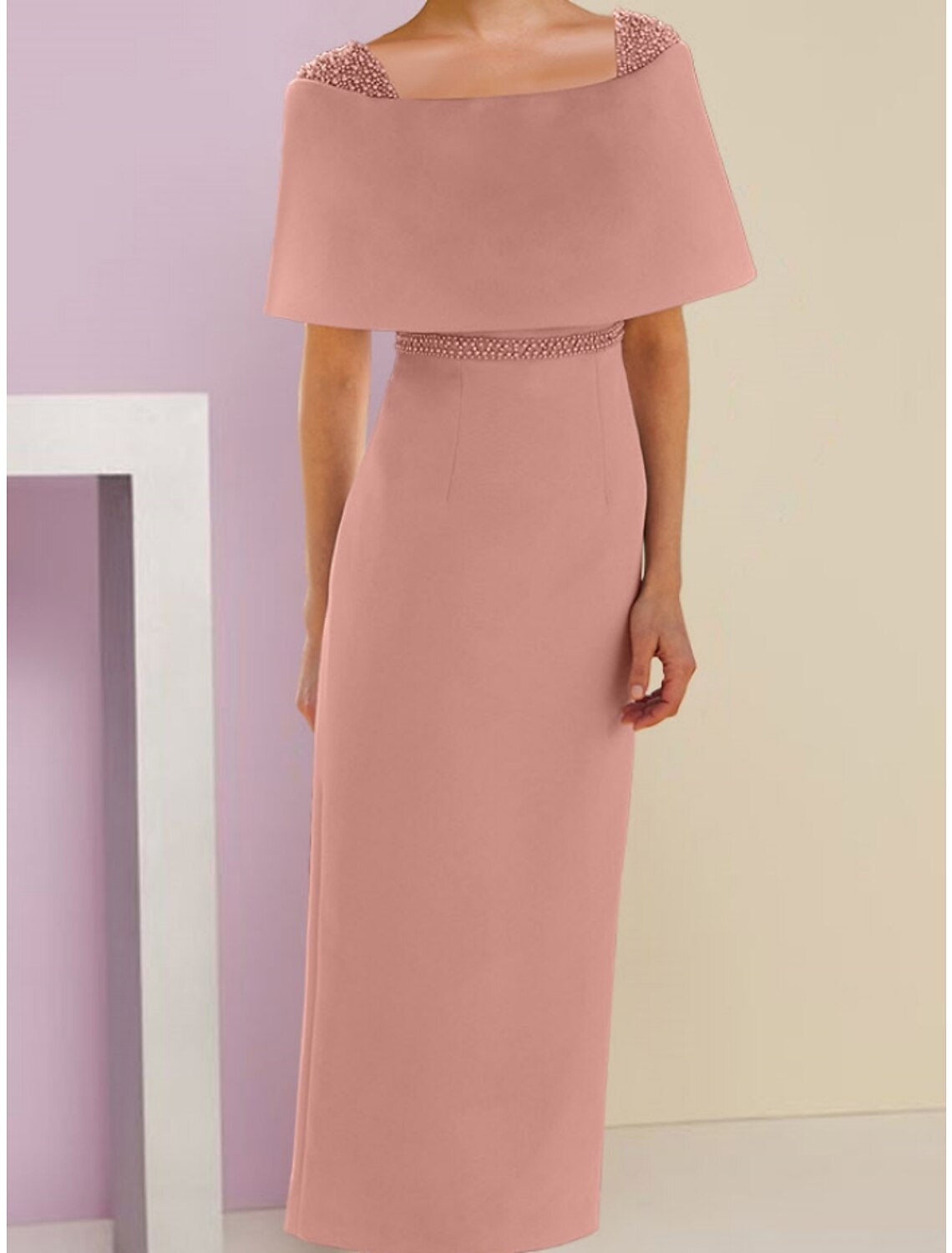 A-Linie Kleid für die Mutter der Braut, Hochzeitsgast, elegant, schulterfrei, knöchellang, Stretch-Stoff, kurze Ärmel, mit Perlen verziert, einfarbig