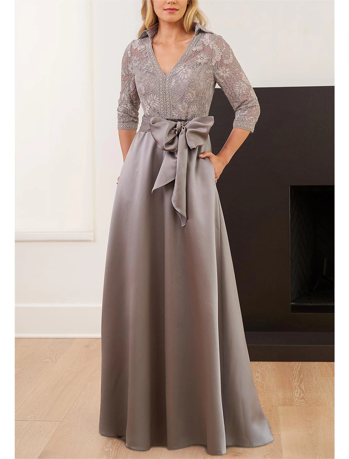 Robe de mère de la mariée coupe A-Line, élégante, col chemise, longueur au sol, dentelle, paillettes, satin italien, manches 3/4, avec ceinture/nœud(s) en ruban, paillettes