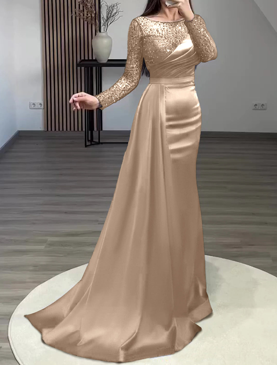 Meerjungfrauenkleid Abendkleid Rot Grün Kleid Formal Hochzeit Gast Hofschleppe Langarm Juwelenhals Charmeuse mit gerüschten Perlen Pailletten
