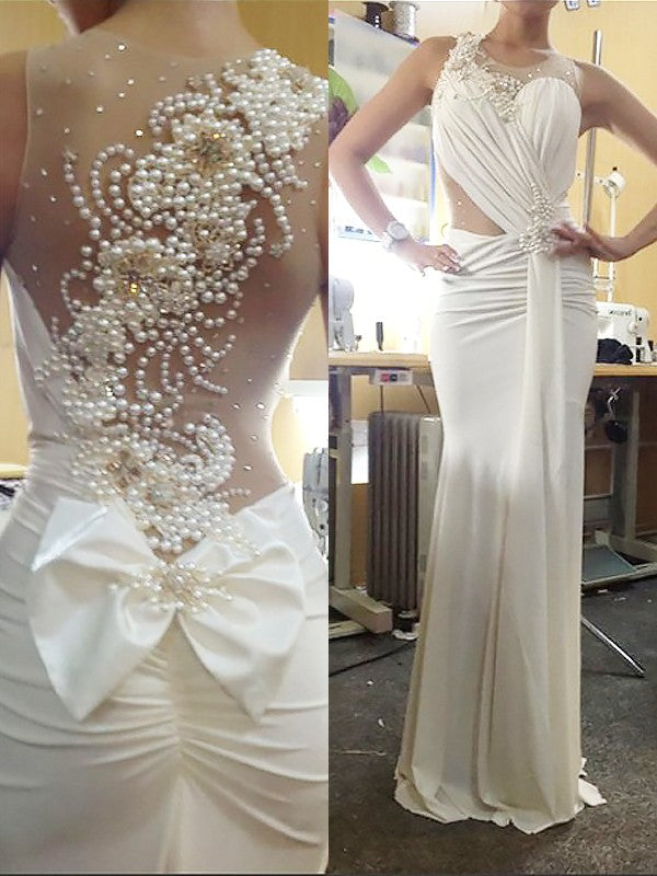 Trumpet/Mermaid Sleeveless Scoop Silk like Satin Pearl Sweep/Brush Train Dresses
