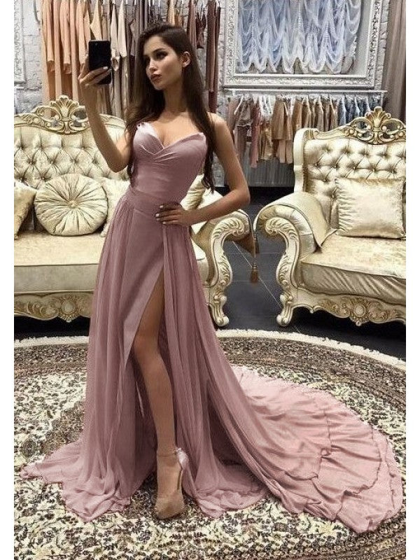 A-Line Sweetheart Sleeveless Sweep/Brush Train With Layers Chiffon Dresses