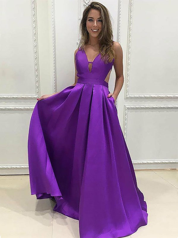 A-Line V-neck Sleeveless Sweep/Brush Train With Ruffles Satin Dresses