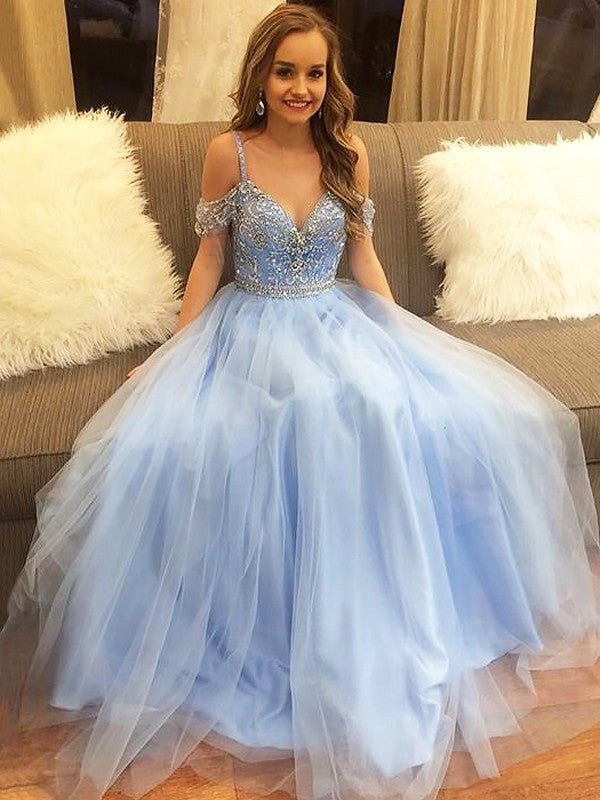 A-Line/Princess Off-the-Shoulder Floor-Length Tulle Sleeveless Beading Dresses