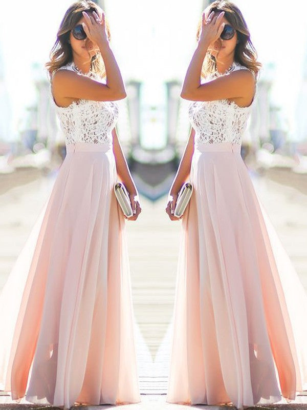A-Line/Princess Jewel Sleeveless Floor-Length Lace Chiffon Dresses