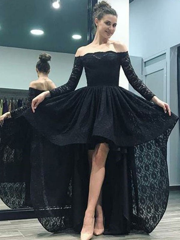 A-Line/Princess Off-the-Shoulder Long Sleeves Sweep/Brush Train Asymmetrical Lace Dresses