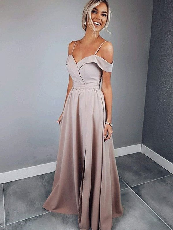 A-Line/Princess Spaghetti Straps Short Sleeves Floor-Length Ruched Stretch Crepe Dresses