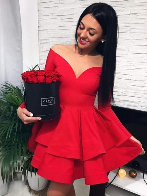 A-Linie/Princess-Linie Stretch-Krepp Schulterfrei Rüschen Lange Ärmel Kurz/Mini Kleider