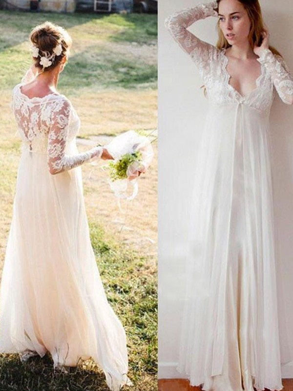 Robe de mariée empire en mousseline de soie, col en V, manches longues et dentelle