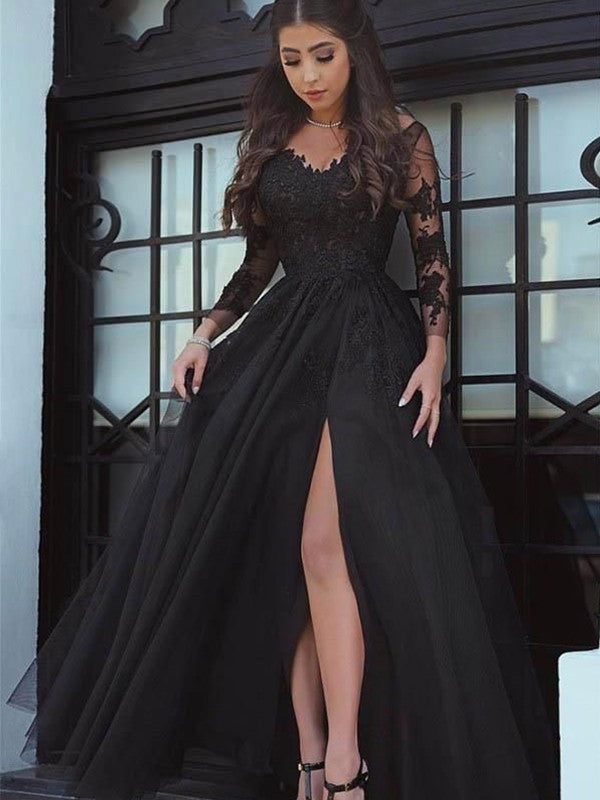 Robe de bal à manches longues, col en V, longueur au sol, en tulle appliqué