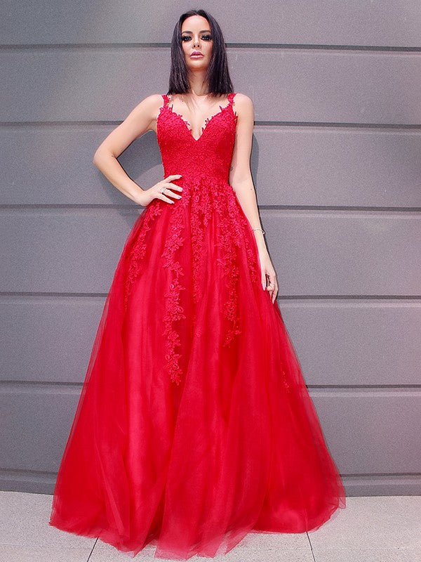 Robe trapèze/princesse en tulle, col en V, longueur au sol, sans manches, avec appliques