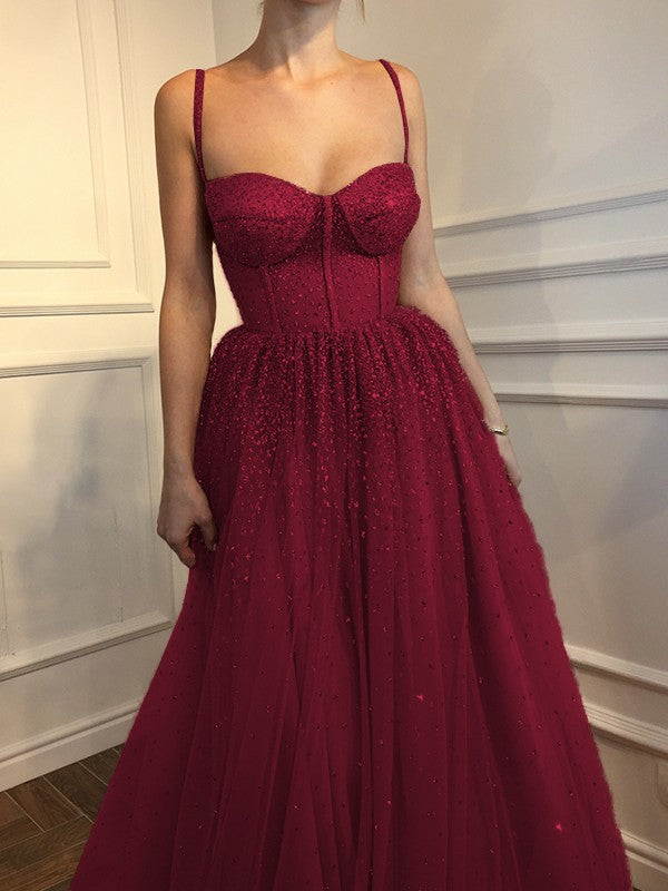 Robe trapèze/princesse sans manches, bretelles spaghetti, longueur au sol, en tulle et strass