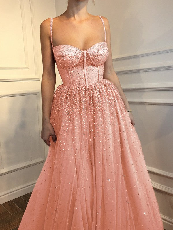 A-Line/Princess Sleeveless Spaghetti Straps Floor-Length Rhinestone Tulle Dresses