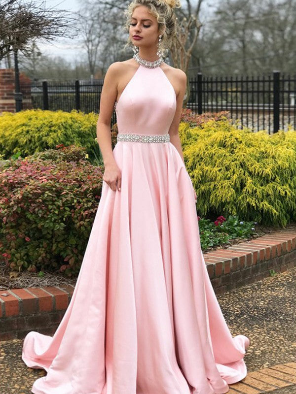 A-Line/Princess Sleeveless Halter Sweep/Brush Train Beading Satin Dresses