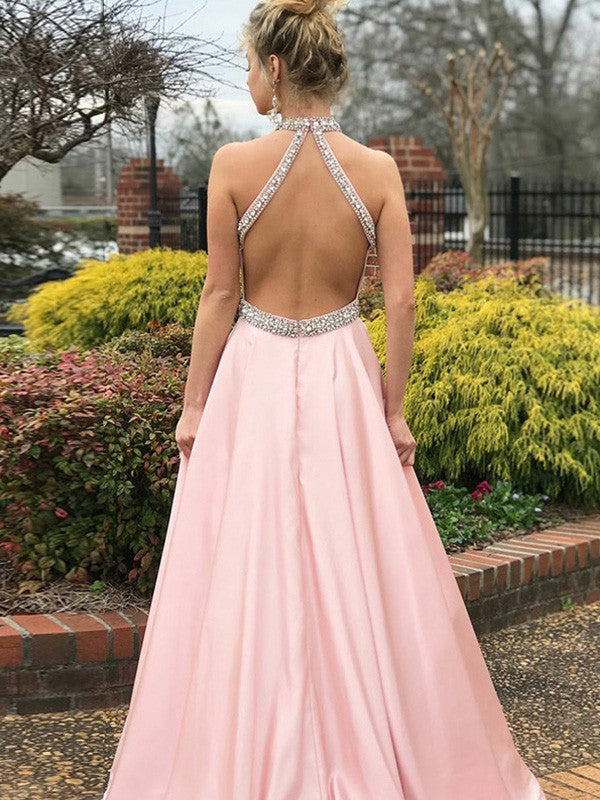 A-Line/Princess Sleeveless Halter Sweep/Brush Train Beading Satin Dresses
