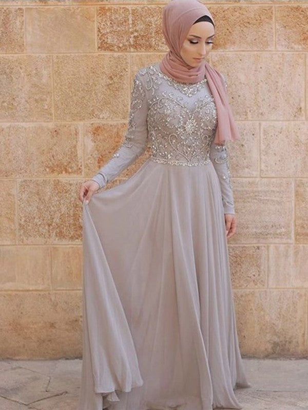 A-Line/Princess Long Sleeves Scoop Sweep/Brush Train Crystal Chiffon Muslim Dresses
