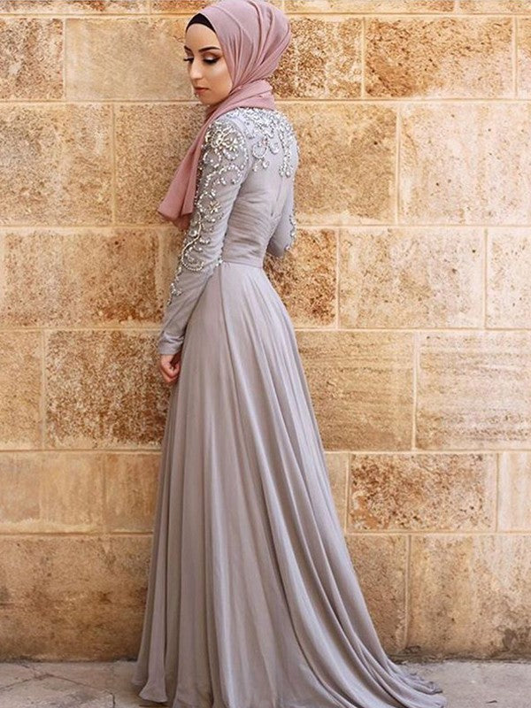 A-Line/Princess Long Sleeves Scoop Sweep/Brush Train Crystal Chiffon Muslim Dresses