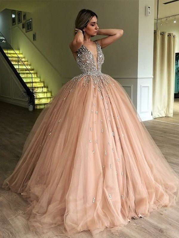 Robe de bal en tulle, col en V, sans manches, longueur au sol, perles