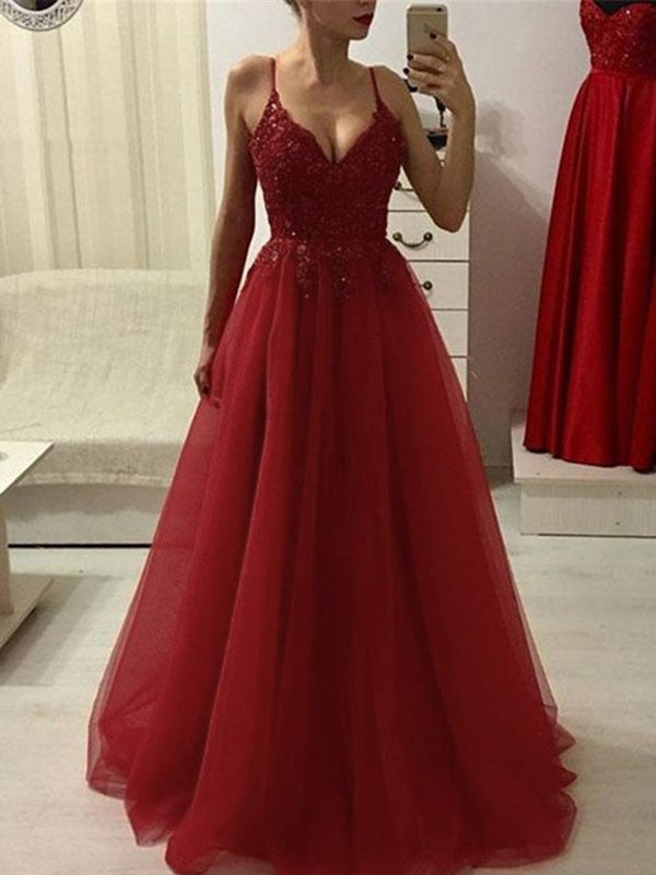 A-Line/Princess Spaghetti Straps Sleeveless Floor-Length Applique Tulle Dresses