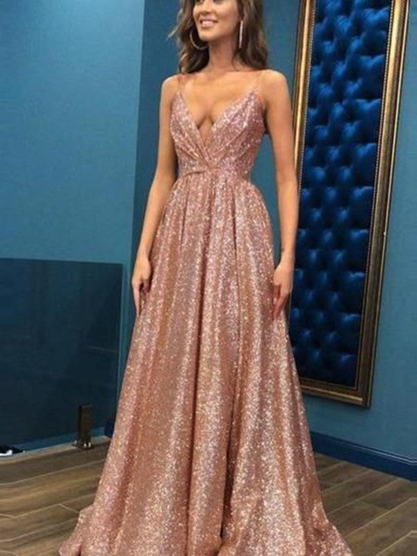 A-Line/Princess Sleeveless Spaghetti Straps Floor-Length Sequins Dresses