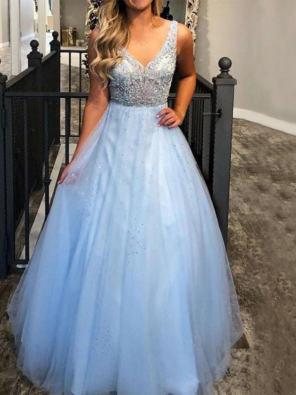 A-Line/Princess Sleeveless V-neck Floor-Length Beading Tulle Dresses