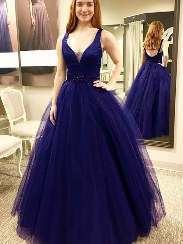Ball Gown Sleeveless V-neck Floor-Length Beading Tulle Dresses