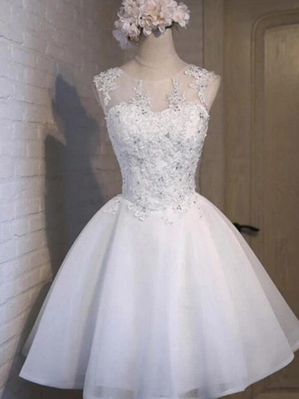 Robe de soirée courte/mini, coupe trapèze/princesse, en tulle, avec appliques, col transparent, sans manches