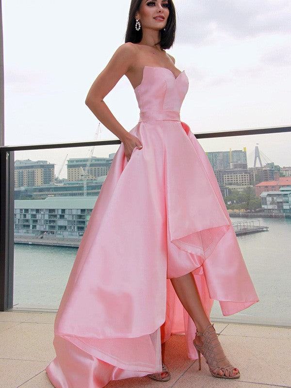 A-Line/Princess Satin Sweetheart Ruffles Sleeveless Asymmetrical Dresses