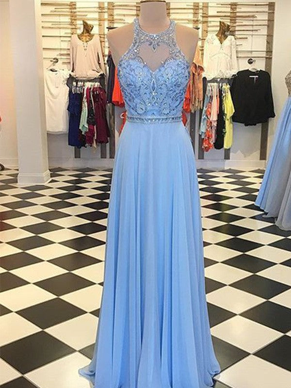 A-Line/Princess Chiffon Beading Halter Sleeveless Floor-Length Dresses