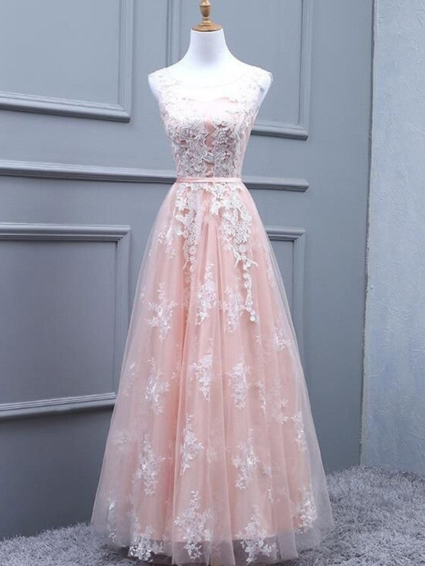 A-Line/Princess Tulle Scoop Sleeveless Floor-Length Applique Dresses