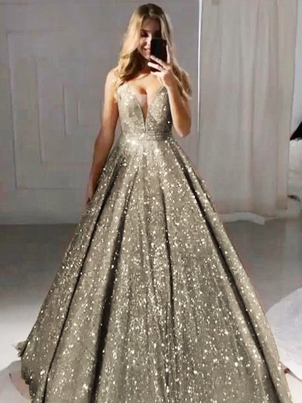Robe trapèze/princesse à col en V, paillettes, volants, longueur au sol, sans manches