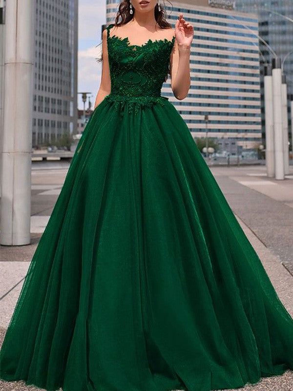 A-Line/Princess Bateau Tulle Beading Floor-Length Sleeveless Dresses
